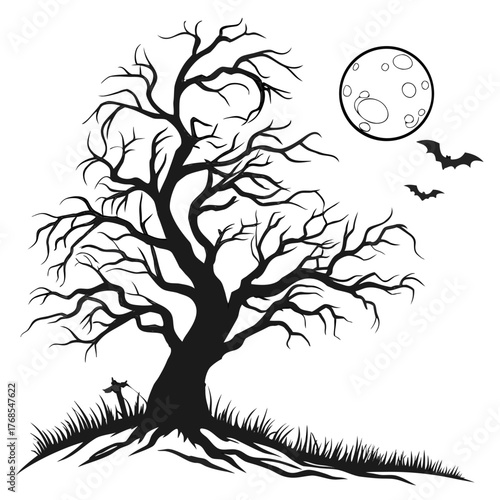 Spooky silhouette of a gnarled bare tree with bats flying and a full moon in the night sky