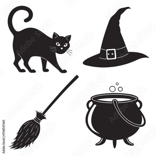 Black silhouette of a witchs cat hat broom and bubbling cauldron on a white background