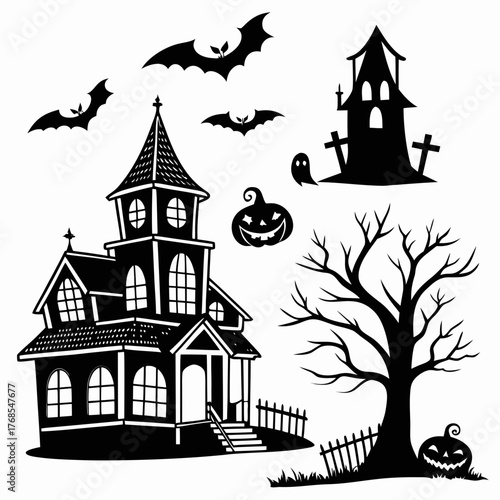 Spooky halloween silhouette collection featuring haunted houses flying bats grinning pumpkins a bare tree and a ghost