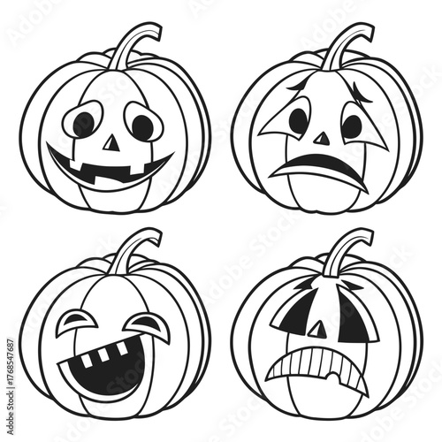 Set of four black and white cartoon pumpkins with different expressive faces for halloween celebrations