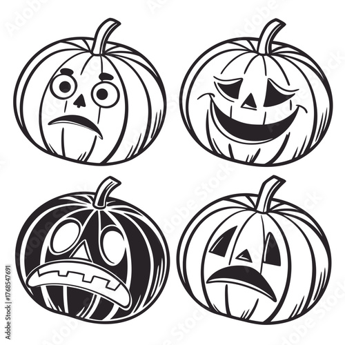 Four distinct cartoon pumpkins with different expressive carved faces for halloween celebrations and decorations