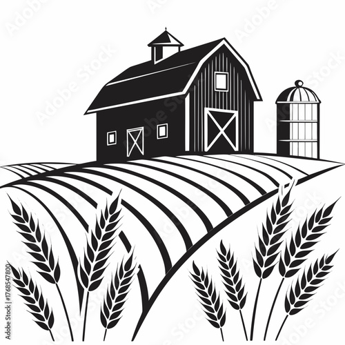 A black and white illustration of a farm scene with a barn, silo, and wheat field, showcasing rural life and agricultural themes in a simple design