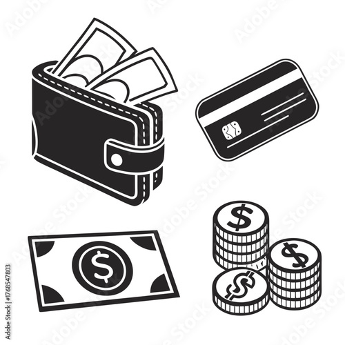 A black and white illustration of a wallet, credit card, cash, and coins, representing finance, money, and payment methods in a simple design