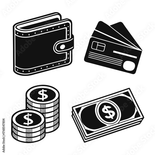 A black and white illustration of a wallet, credit cards, cash, and coins, representing finance, money, and payment methods in a simple design