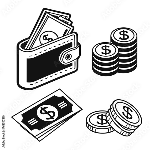 Financial icons set wallet with money, banknote and coins vector illustration of financial elements in flat style business and finance concept