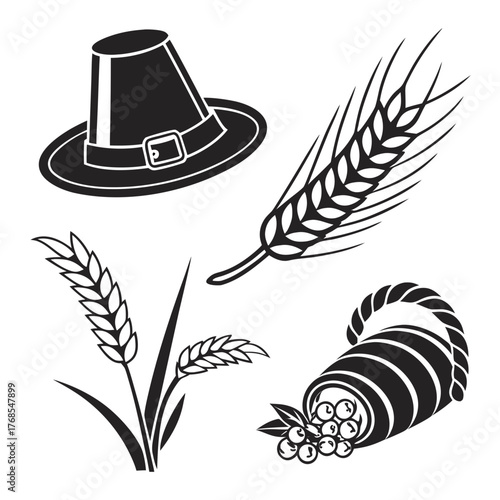 A black and white illustration featuring a pilgrim hat, wheat stalks, and a cornucopia filled with berries, , representing thanksgiving and the autumn harvest season