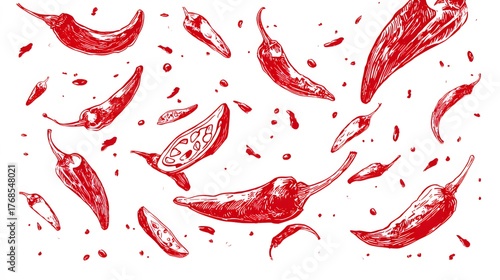Several red chili peppers are scattered and flying with splashes against a clean white background in a hand drawn style.