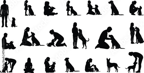 Human dog interaction, pet bonding silhouettes, emotional connection poses, companionship gesture icons, animal love moments, flat vector illustration