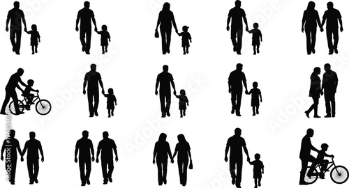 Father child bonding, family silhouette moments, parenting gesture icons, emotional connection poses, bicycle interaction scene, flat vector illustration