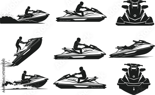 Jet ski silhouette set, water sport action, rider poses, splash motion, aquatic vehicle icon, flat vector illustration, extreme fun