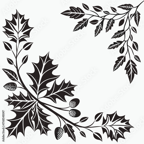 A sophisticated black and white illustration featuring holly leaves and berries corner design, ideal for adding a festive touch to holiday projects