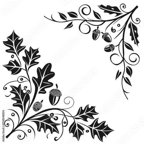 Oak leaf and acorn corner design decorative element with swirling vines and detailed acorns, perfect for adding a touch of nature to invitations and crafts