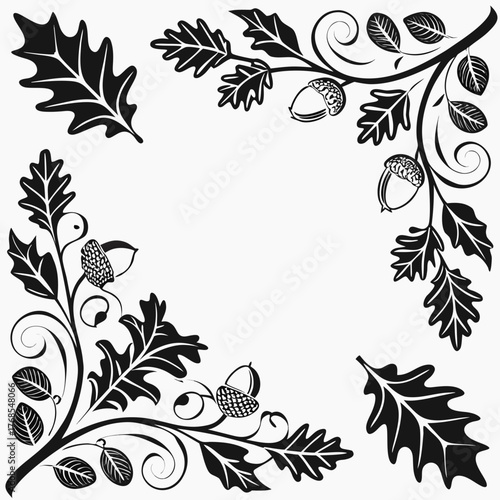 Oak leaf and acorn corner design decorative frame element with swirling vines and detailed acorns, perfect for adding a touch of nature to designs
