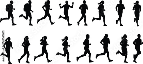 Running people silhouettes, athletic motion, jogging stride, dynamic movement, sports activity, fitness gesture, backpack runners, flat vector illustration