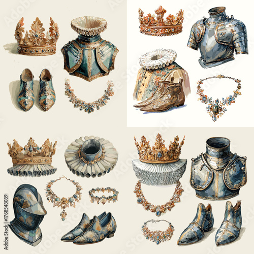 Medieval royal armor and jewelry set with crowns, helmets, and ornate metal designs. Perfect for fantasy art, historical illustration, or antique costume and heritage visuals.