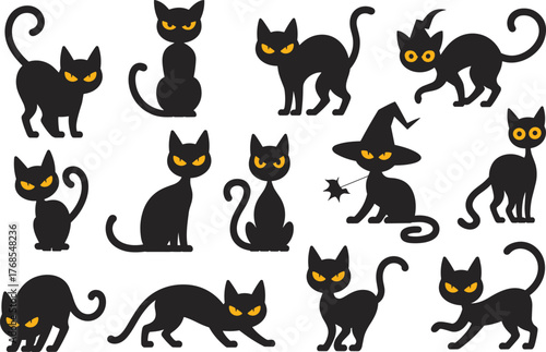 Black cat collection illustration, spooky Halloween feline vector set, mysterious witch pet design, gothic animal artwork, scary night cartoon style