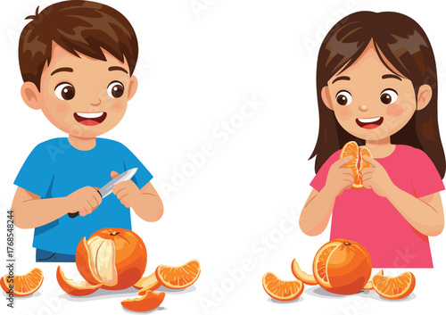 Cartoon kids, peeling oranges, eating fruit, healthy snack, cheerful moment, expressive pose, table scene, colorful illustration, shared activity, joyful expression