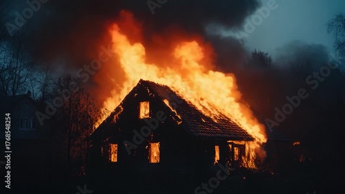 A burning house in the dark of night