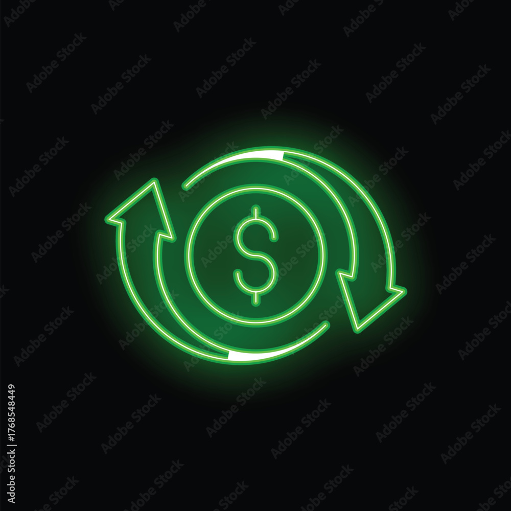 Fototapeta premium Green neon sign representing money circulation with rotating arrows surrounding a dollar sign, on a black background