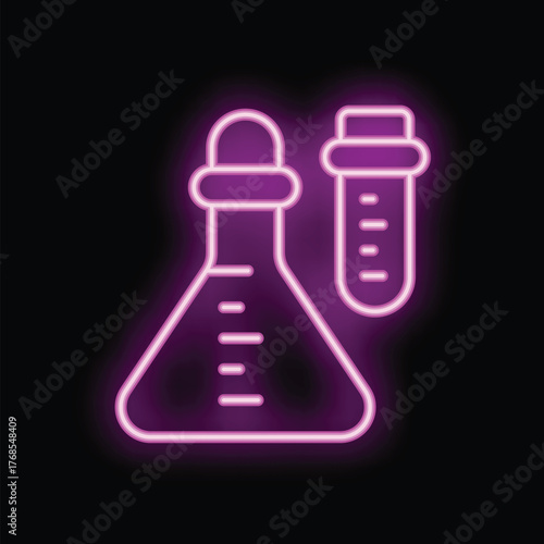 Neon sign icon of laboratory glassware including an erlenmeyer flask and a test tube