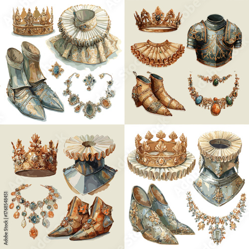 Renaissance-inspired fashion and jewelry set with crowns, shoes, and ornate accessories. Ideal for historical costume, royal theme, vintage art, and fantasy illustration design.