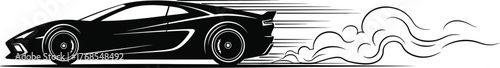 Silhouette of a racing car speeding with smoke isolated on white background, conveying velocity and automotive design in a dynamic illustration