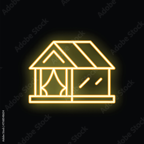 Bright yellow neon icon of a gazebo glowing on a black background