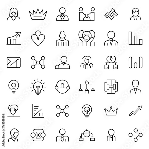 Editable Business & Professional Line Icons, Minimalist Stroke Symbols of Leadership, Innovation, Teamwork, Communication, Strategy, and Organizational Structure