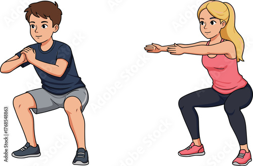 Cartoon, fitness, squat, exercise, posture, workout, training, characters, strength, lower body, health, gym, movement, form, active, sport, animated, duo, technique, lifestyle