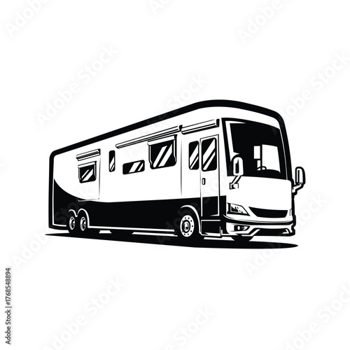 RV Motorhome Campervan Bus Trailer Caravan Vector Icon Monochrome Isolated