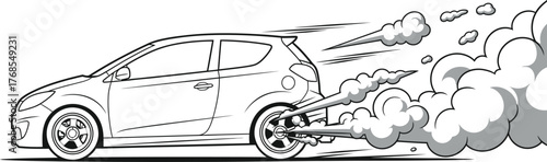 A compact car speeds away, leaving a trail of smoke, isolated on white background, depicting rapid acceleration in a minimalist line drawing