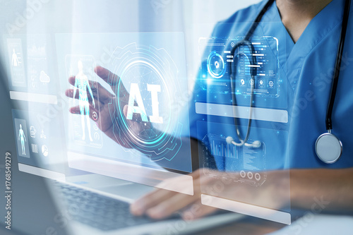 Doctor using AI technology to analyze patient health data, enabling faster diagnosis, personalized treatment plans, and improved healthcare outcomes