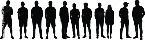 Casual silhouettes, diverse figures, standing poses, black and white, posture variation, fashion hints, identity, minimal design, group, hairstyle contrast