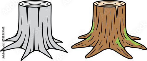 Cartoon tree stump wood log outline and colorful icons showing natural forest element for design