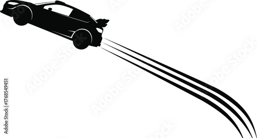 Black sports car drifting with tire marks isolated on white background, showcasing speed, control, and the thrill of motorsport action in a dynamic scene