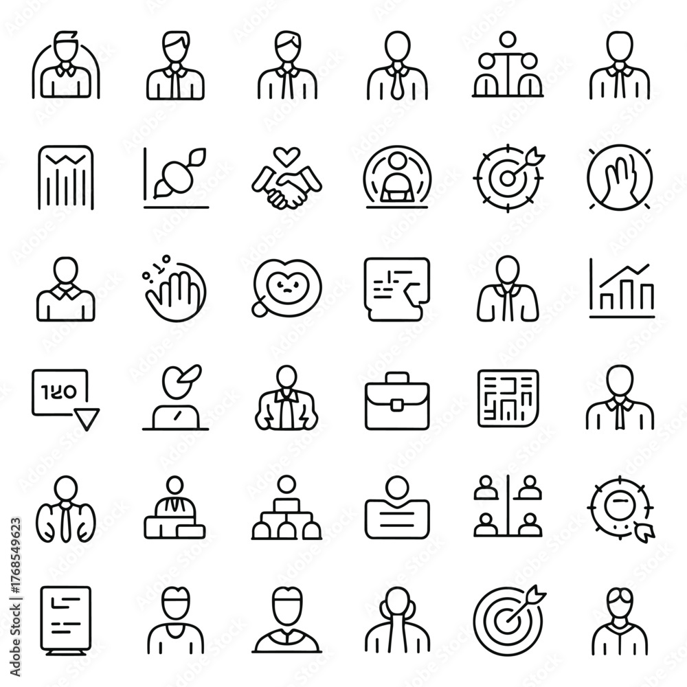Fototapeta premium Editable Business & Corporate Line Icons, Minimalist Stroke Symbols of Leadership, Teamwork, Communication, Goals, Data Analysis, and Organizational Strategy