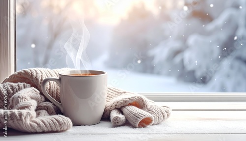 雪の日の窓辺とホットドリンク — 季節のぬくもりと癒しが広がる冬の風景