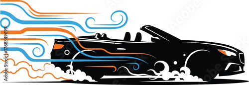 Dynamic vector illustration of a black convertible car with stylized motion trails, isolated on white background, showcasing speed and innovation