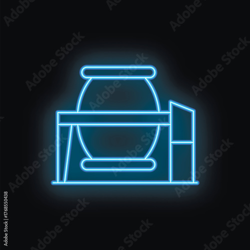 Neon blue icon of a water cooler glowing on a black background