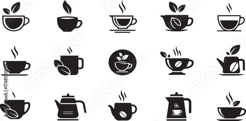 Collection of stylized black and white coffee and tea icons and symbols representing hot beverages and brewing