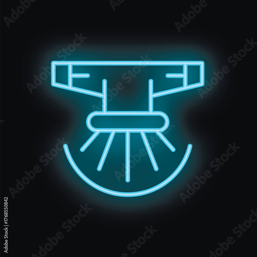 Blue neon icon of an agricultural drone spraying crops with a dark background