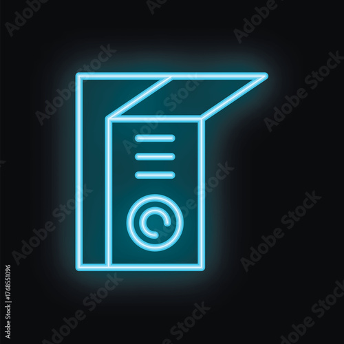 Blue neon icon of an intercom system fixed on a wall, glowing in the dark