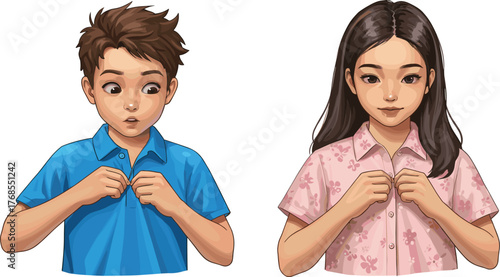 Children buttoning shirts, cartoon kids dressing moment, blue shirt, floral pink shirt, focused expressions, self-care, motor skill illustration