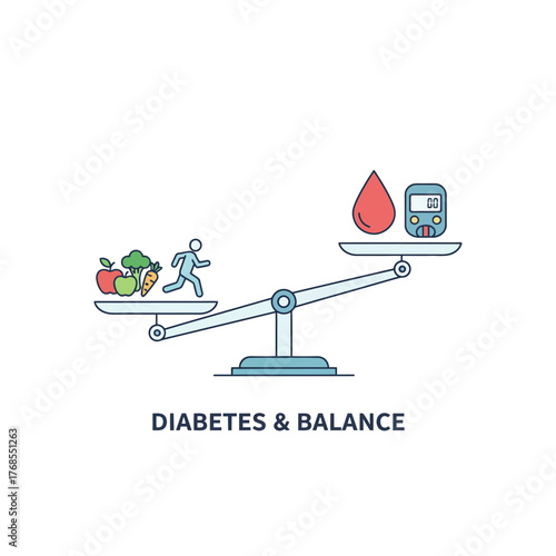 Minimalist vector illustration of balanced scale with healthy lifestyle and diabetes awareness symbols