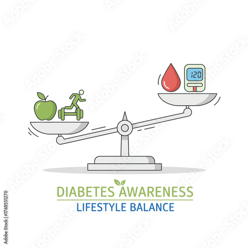 Minimalist vector illustration of balanced scale with healthy lifestyle and diabetes awareness symbols