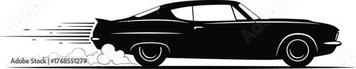 A sleek black vector illustration of a classic muscle car in motion, showcasing speed and power, isolated on white background