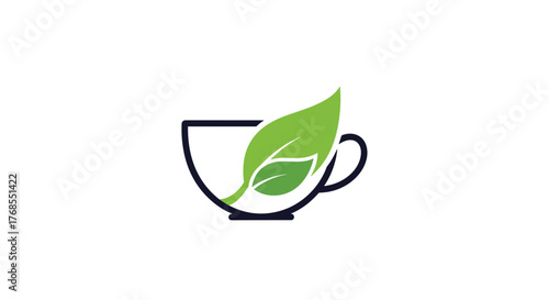 Green leaf emerging from a tea cup, symbolizing natural herbal beverages and health.