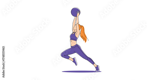 Athletic woman in purple sportswear performing a medicine ball exercise with arms extended upwards.