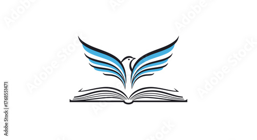 A stylized dove with blue and black wings emerges from an open book against a white background.