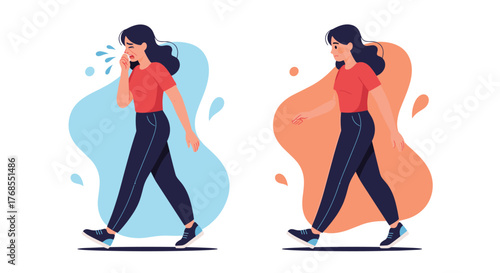 Woman walking, one image shows her sneezing and the other shows her walking normally.